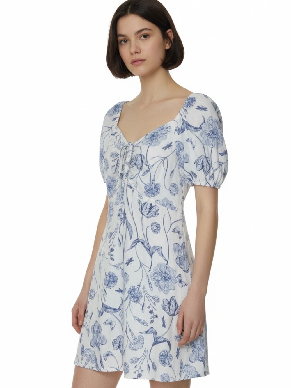H&M toile de jouy blue & white 100% cotton mini dress size M